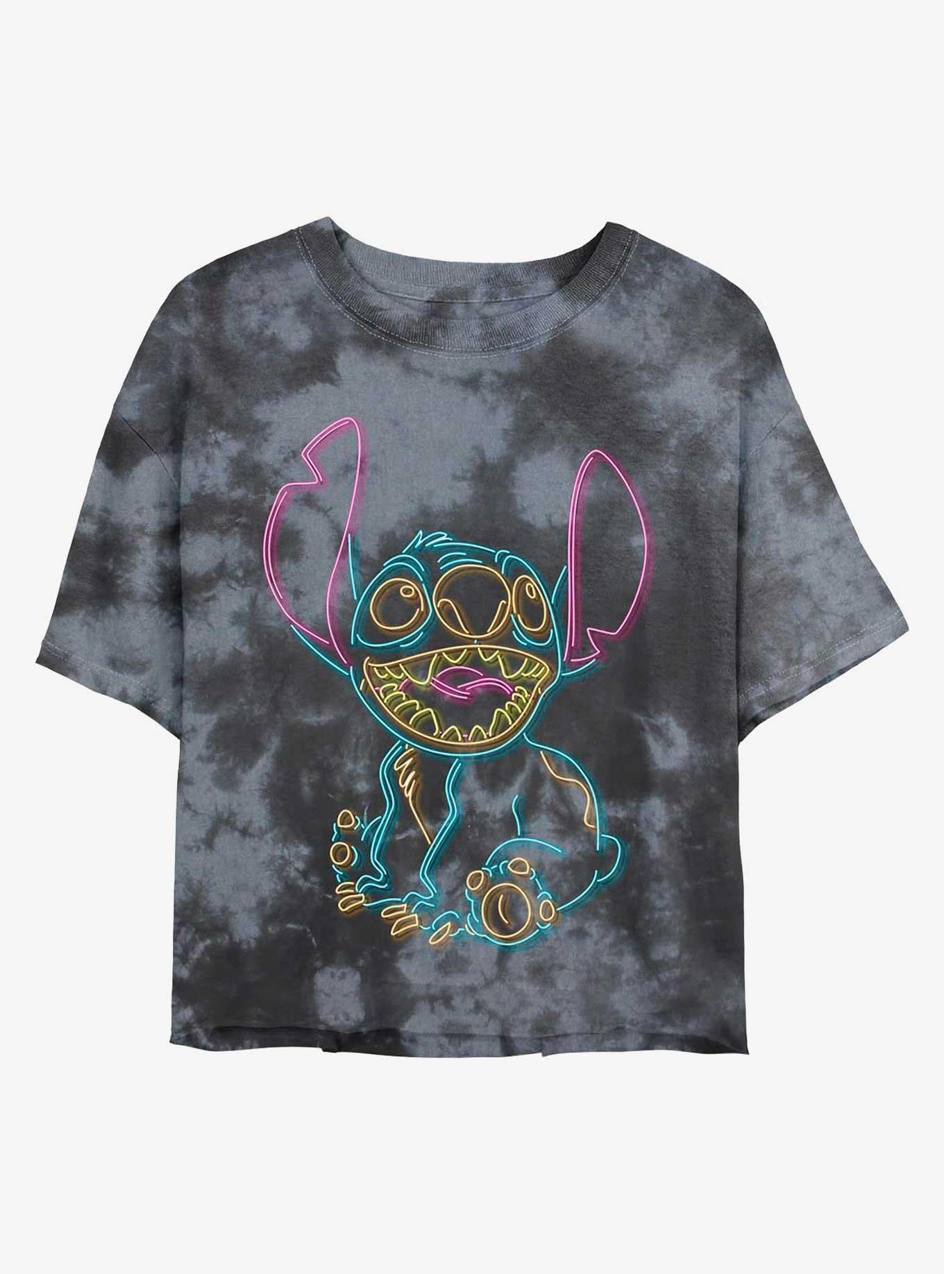 Disney Lilo & Stitch Line Art Neon Stitch Tie-Dye Girls Crop T-Shirt | Trending Graphic Tee For Fans