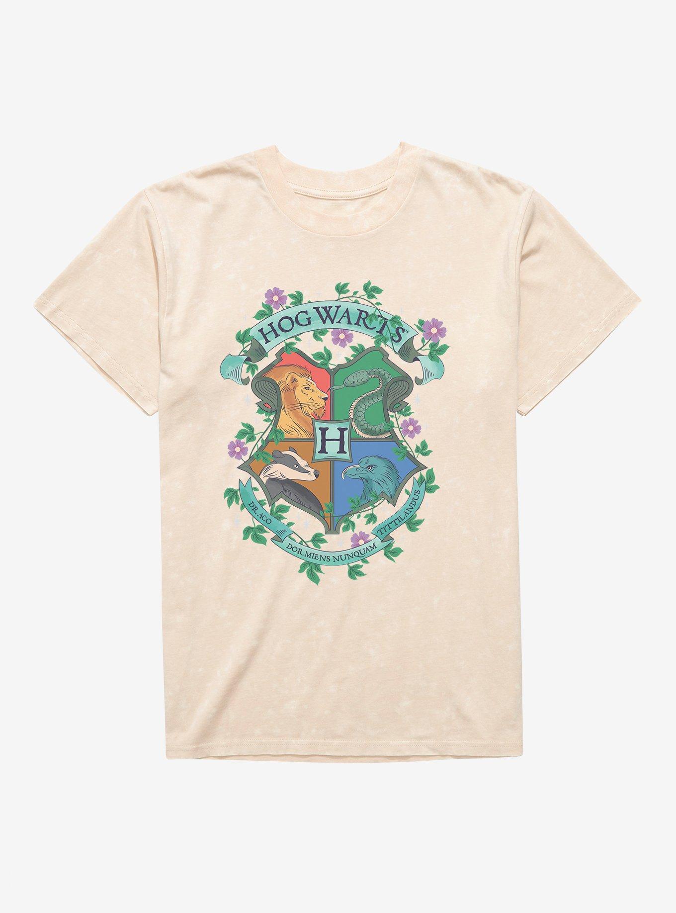 Harry Potter Hogwarts Crest Flowers Mineral Wash T-Shirt | Trending Graphic Tee For Fans