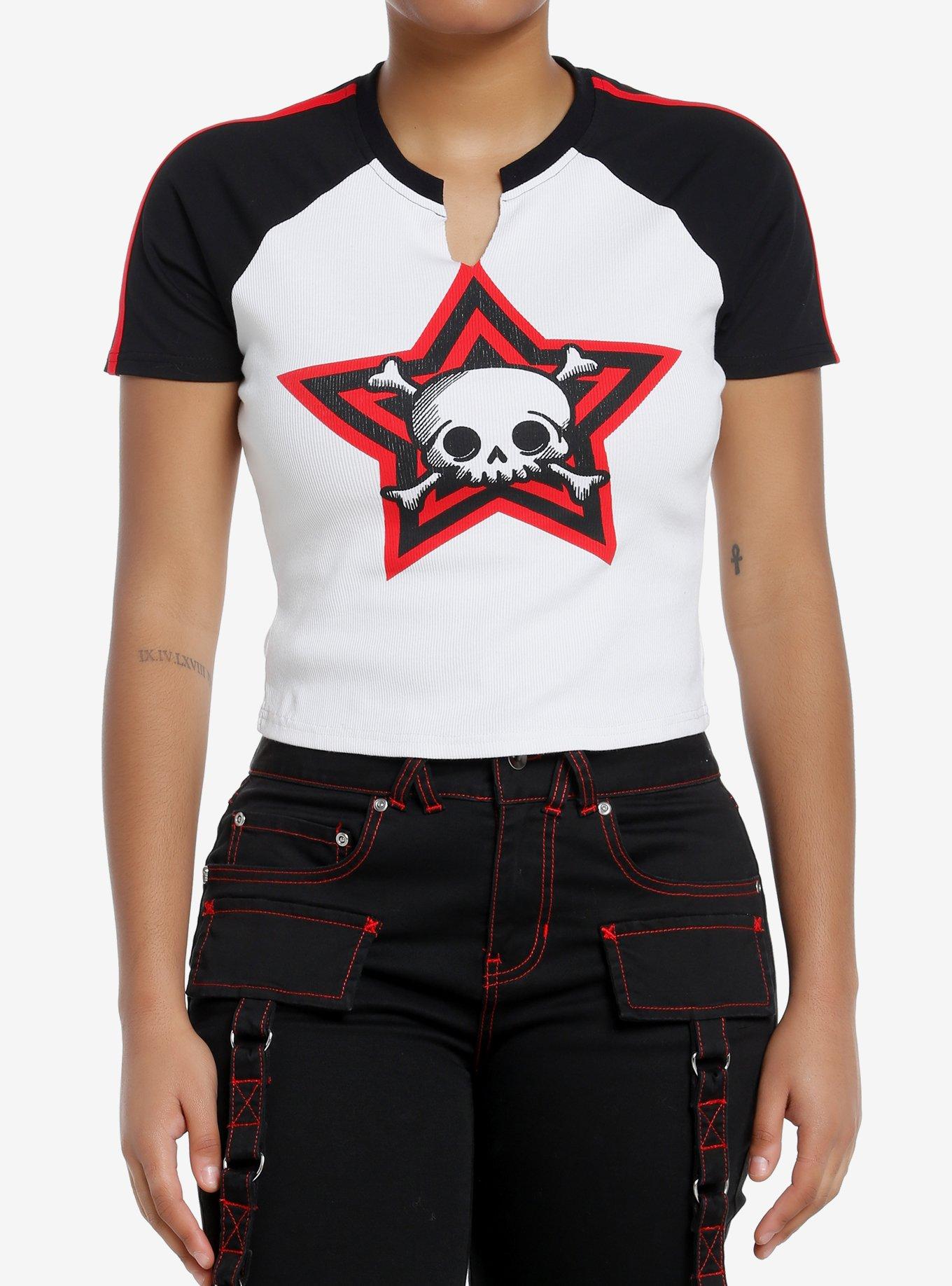 Social Collision Skull Stripe Girls Raglan Crop T-Shirt | Trending Graphic Tee For Fans