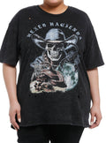 Cosmic Aura Skull Cowboy Destructed Mineral Wash Girls Oversized Plus Size T-Shirt | Trending Graphic Tee For Fans