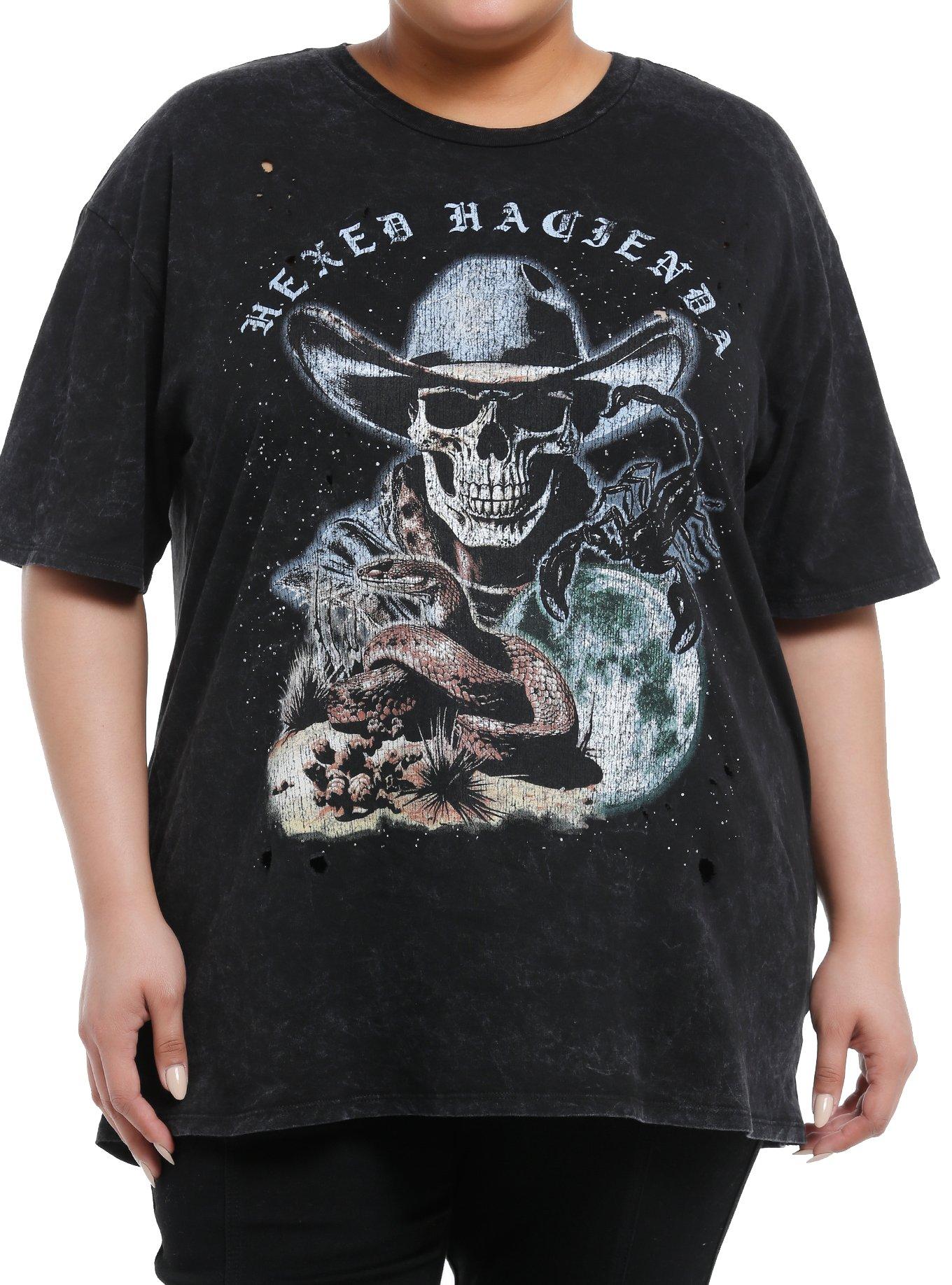 Cosmic Aura Skull Cowboy Destructed Mineral Wash Girls Oversized Plus Size T-Shirt | Trending Graphic Tee For Fans