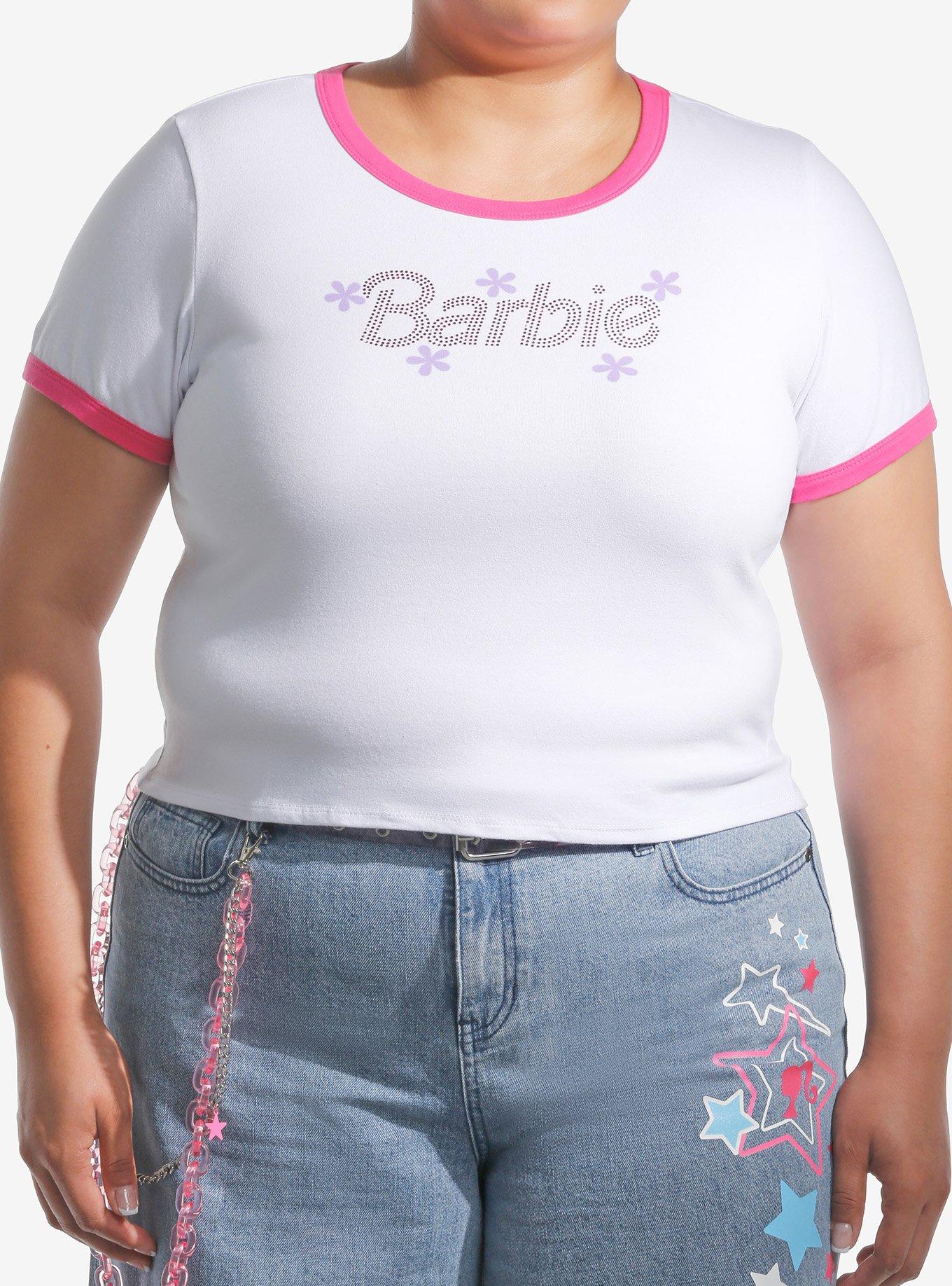 Barbie Rhinestone Logo Ringer Girls Baby Plus Size T-Shirt | Trending Graphic Tee For Fans