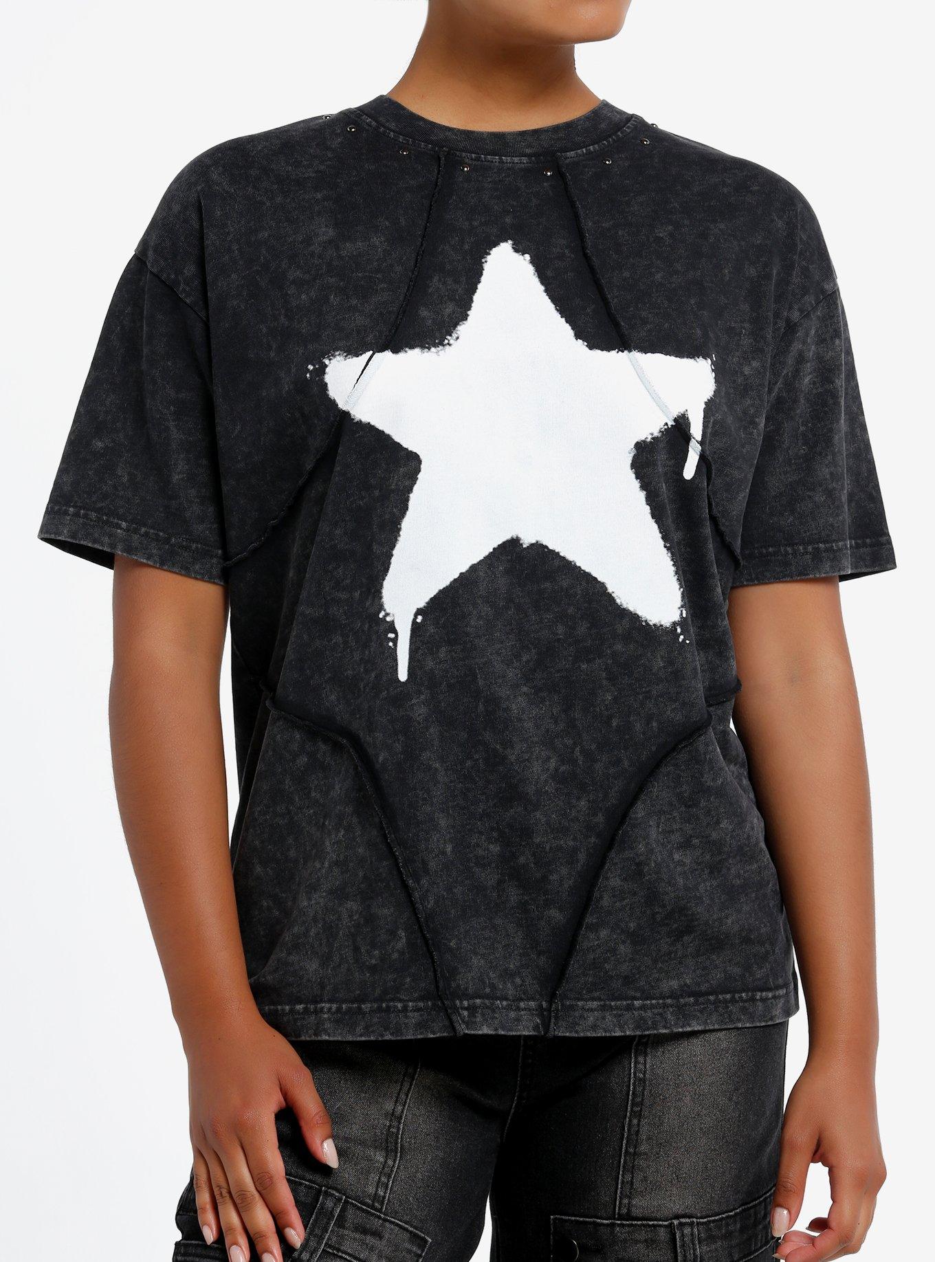 Social Collision Graffiti Star Stitch Dark Wash Girls Oversized T-Shirt | Trending Graphic Tee For Fans