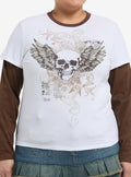 Winged Skull White & Brown Girls Twofer Long-Sleeve Plus Size T-Shirt | Trending Graphic Tee For Fans