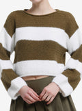 Olive Green & White Fuzzy Stripe Girls Sweater | Soft Knit For Everyday Comfort