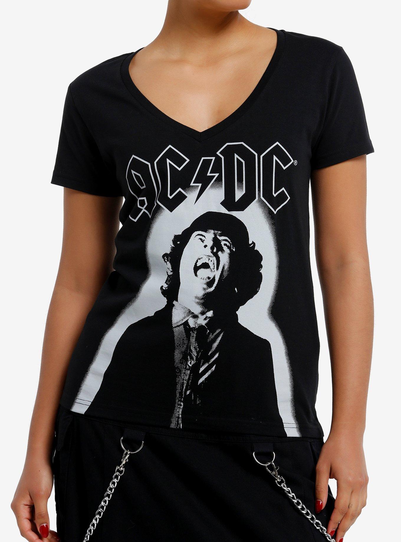 AC DC Angus Young Portrait Girls V-Neck T-Shirt | Trending Graphic Tee For Fans
