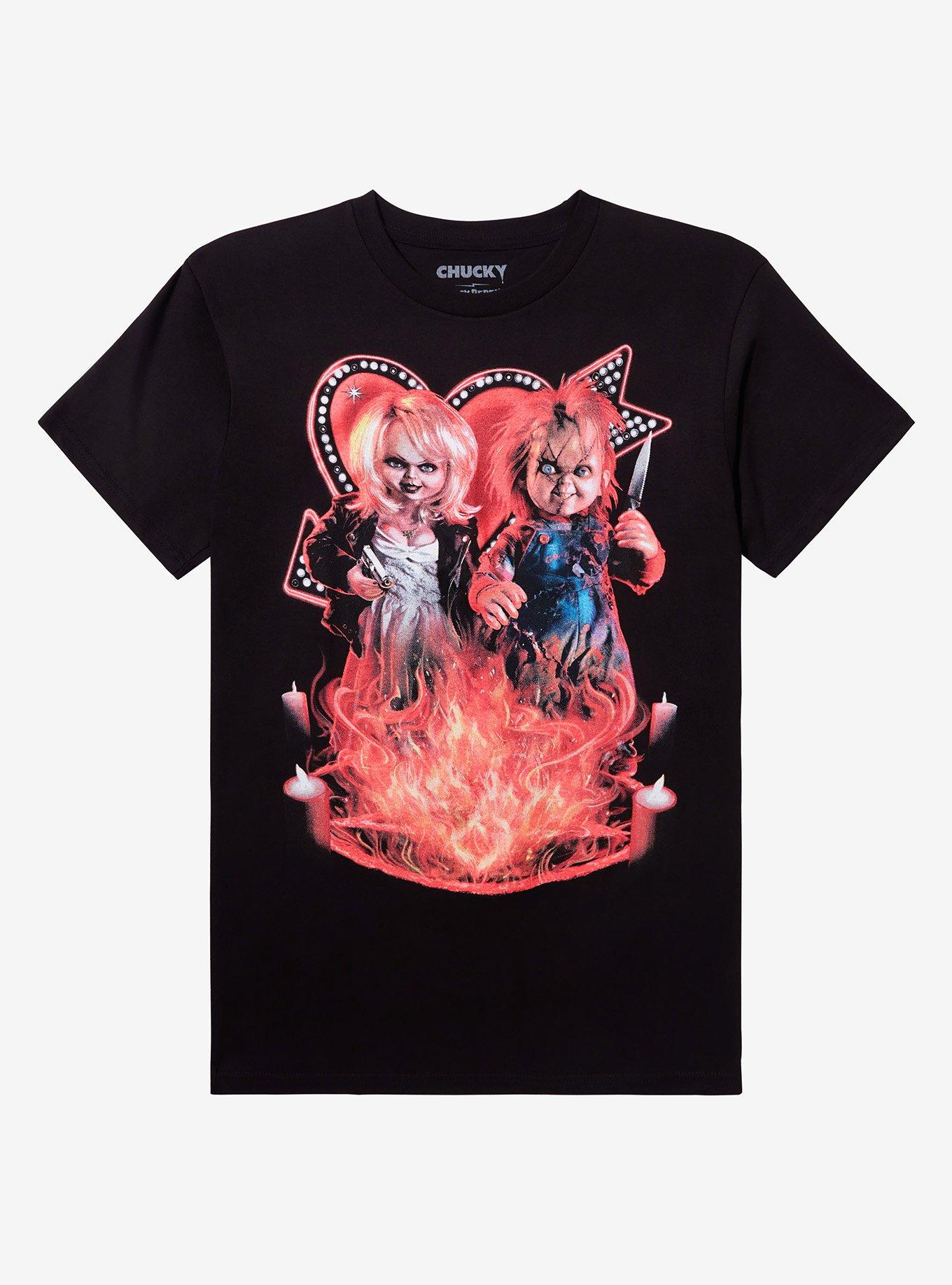Rock Rebel Chucky & Tiffany Flames Portrait T-Shirt | Trending Graphic Tee For Fans
