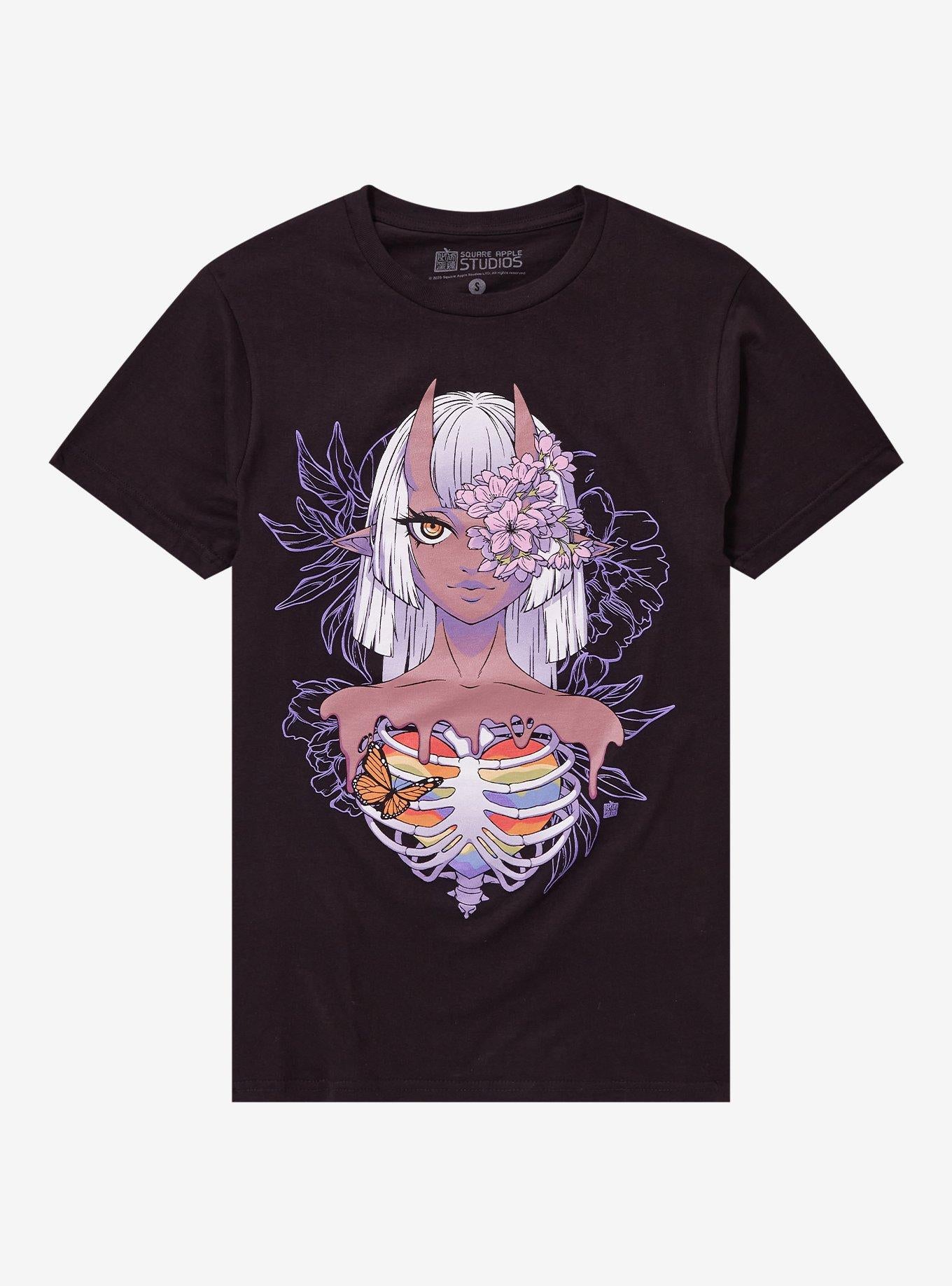 Rainbow Rib Cage Demon Girl By Square Apple Studios T-Shirt | Trending Graphic Tee For Fans