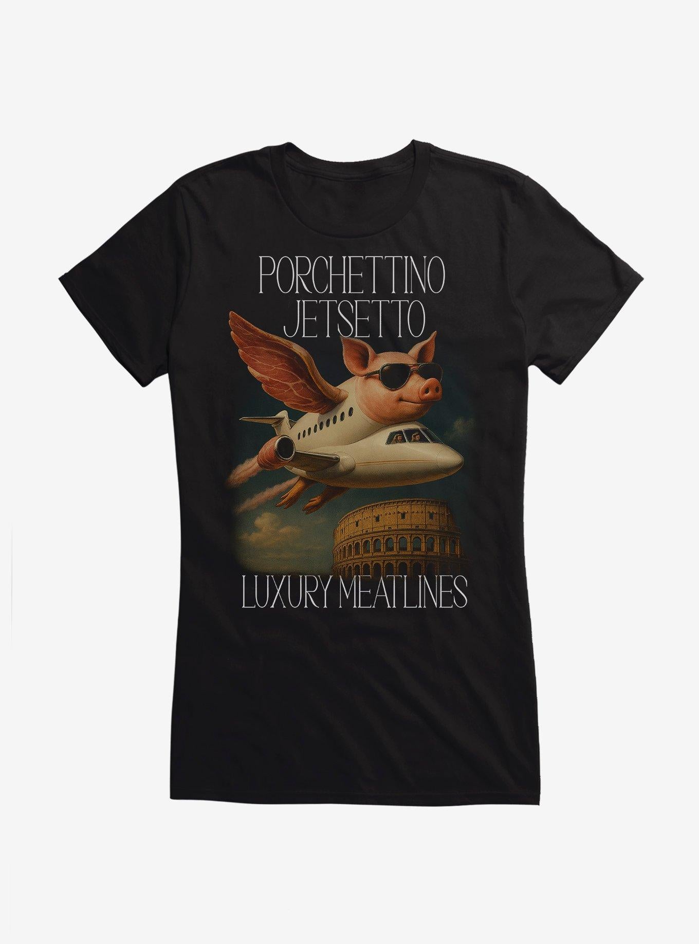 Italian Brainrot Flying Pig Porchettino Jetsetto Luxury Meatlines Girls T-Shirt | Trending Graphic Tee For Fans