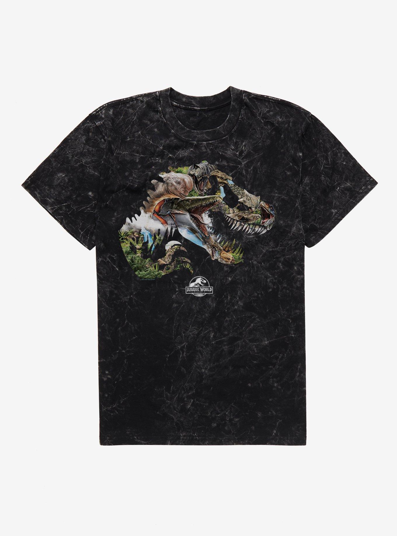 Jurassic World Rebirth Dinosaur Collage Logo Mineral Wash T-Shirt | Trending Graphic Tee For Fans