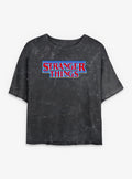 Stranger Things Blue Glow Logo Girls Mineral Wash Crop T-Shirt | Trending Graphic Tee For Fans