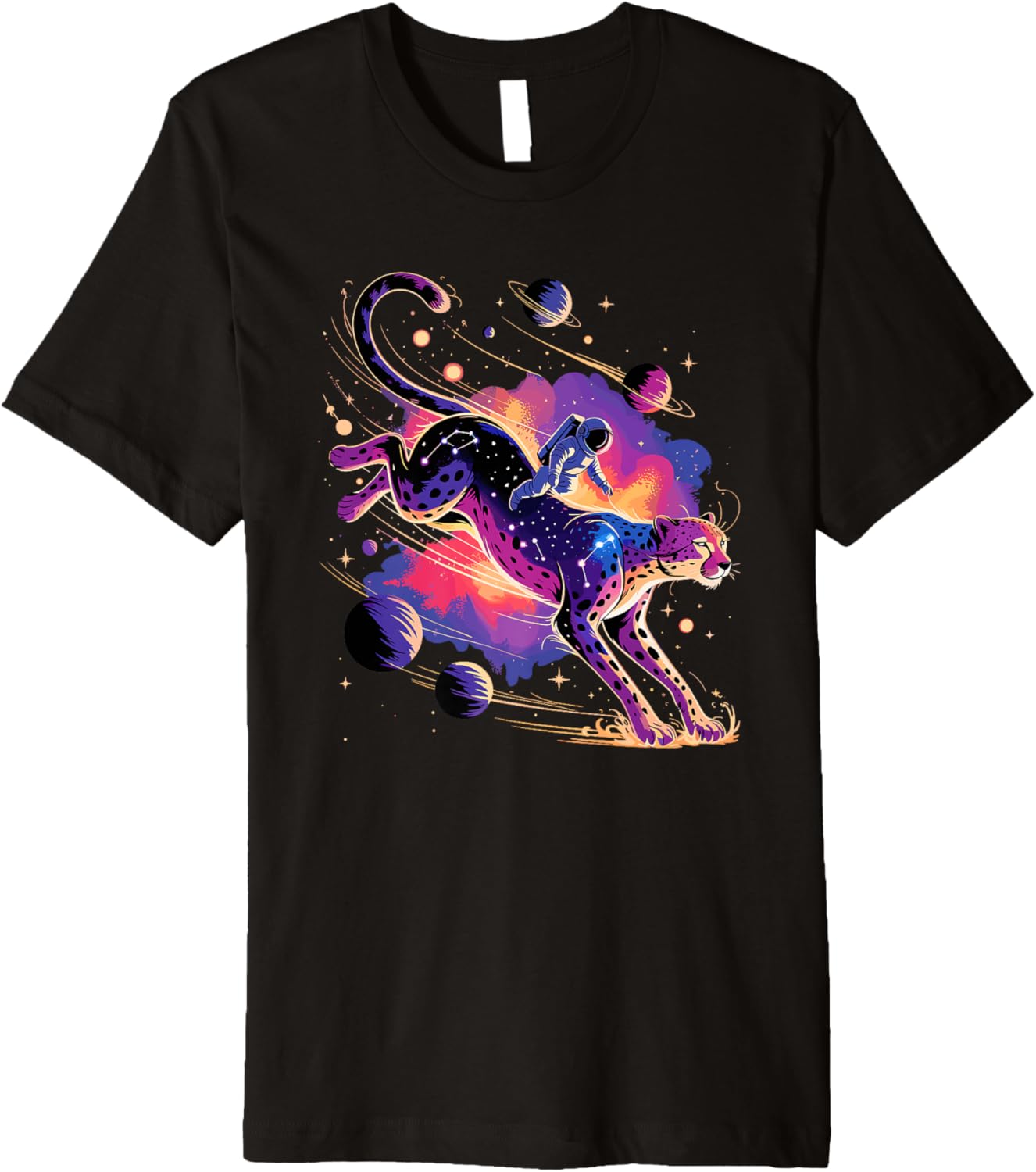 Astronaut Rides Cheetah Space Stars Comets Galaxy Planets Premium Apparel Comfort Fit US Top Pick
