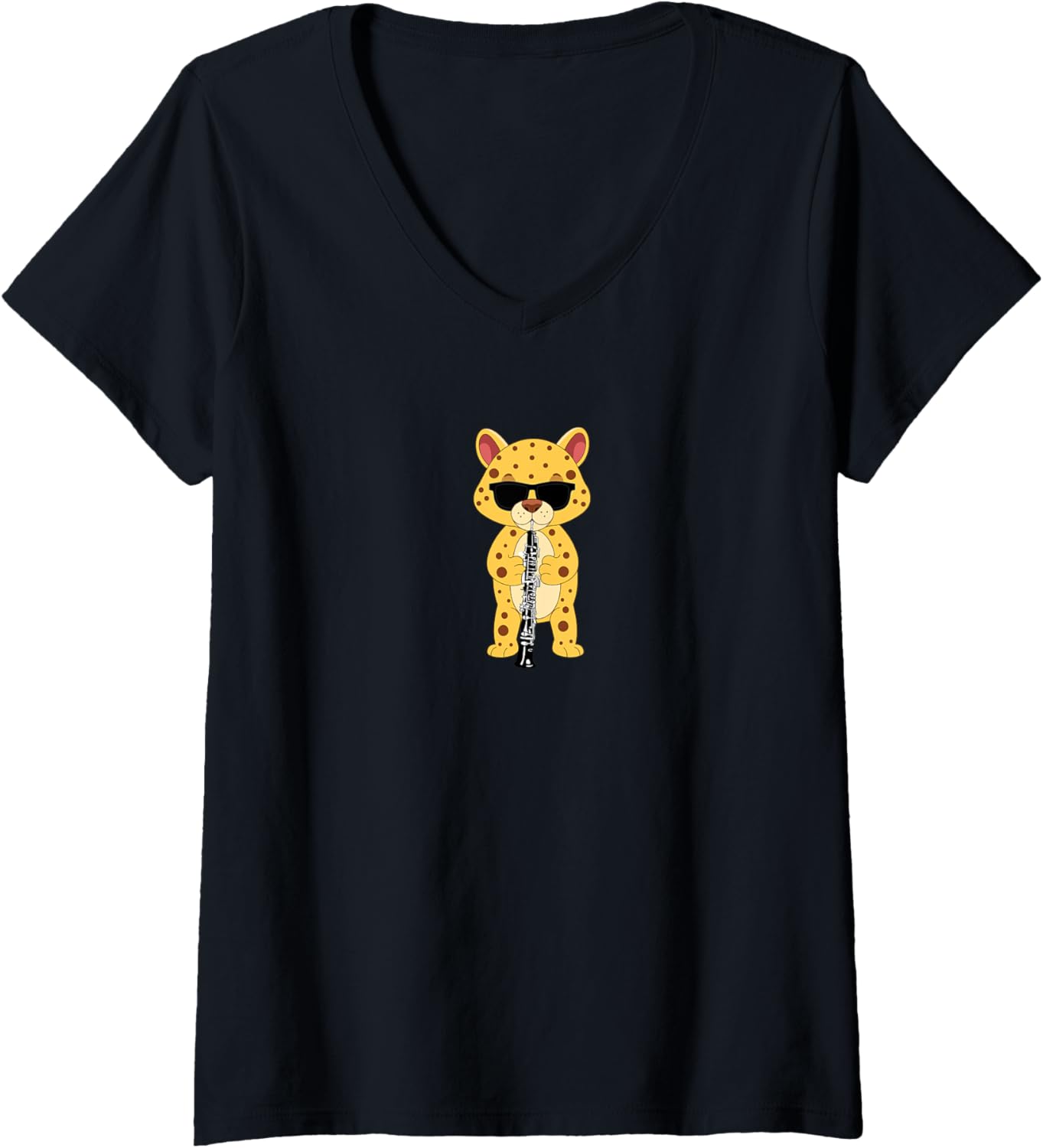 Womens Funny Cheetah Wearing Sunglasses Playing Oboe V Neck Apparel Viral TikTok Find Gift Ready