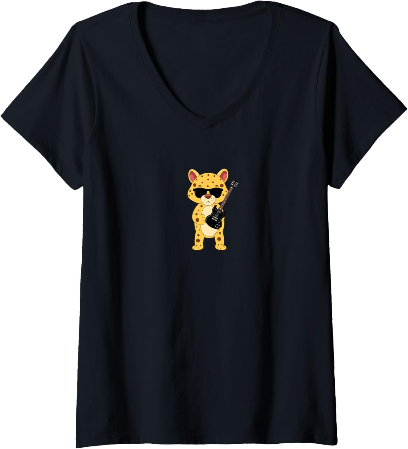 Womens Funny Cheetah Wearing Sunglasses Playing Electric Guitar V Neck Apparel High Search Demand Best Seller Look