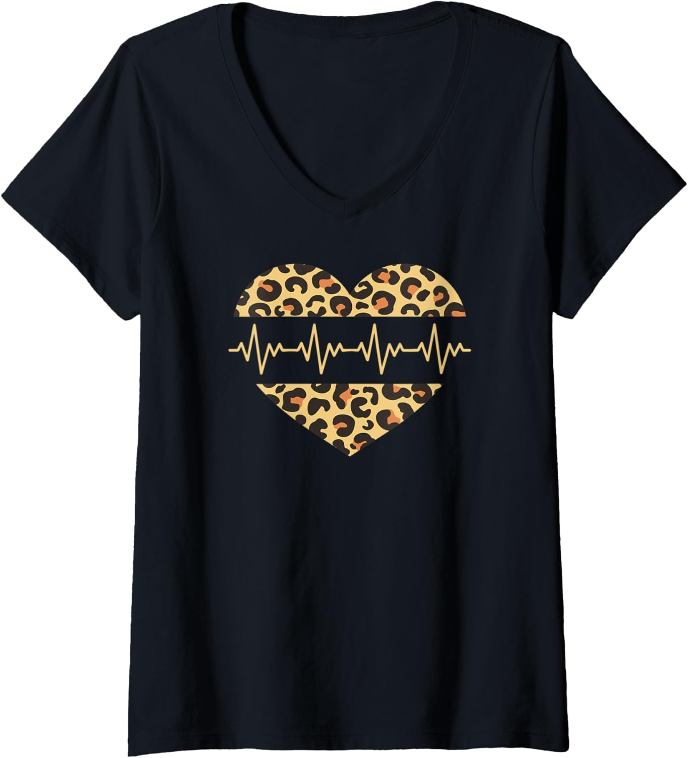 Womens Women s Leopard Heart With Heartbeat V Neck Apparel Trending US Gift Ready