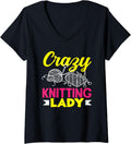 Womens Knitting Crazy Knitting Lady Hobby Women Knitter Yarn V-Neck Yarn Supply | Premium Quality | Perfect for Crafters