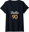 Womens Hello 90 Birthday Leopard Cheetah Animal Print 90th Birthday V Neck Apparel Comfort Fit Everyday Wear