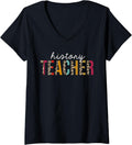 Womens History Teacher Leopard Print Funny Teaching Appreciation V Neck Apparel Trending US Everyday Wear