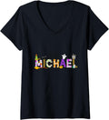 Womens Scary Halloween Pattern Party Personalized Name Michael V-Neck Apparel | US Best Seller