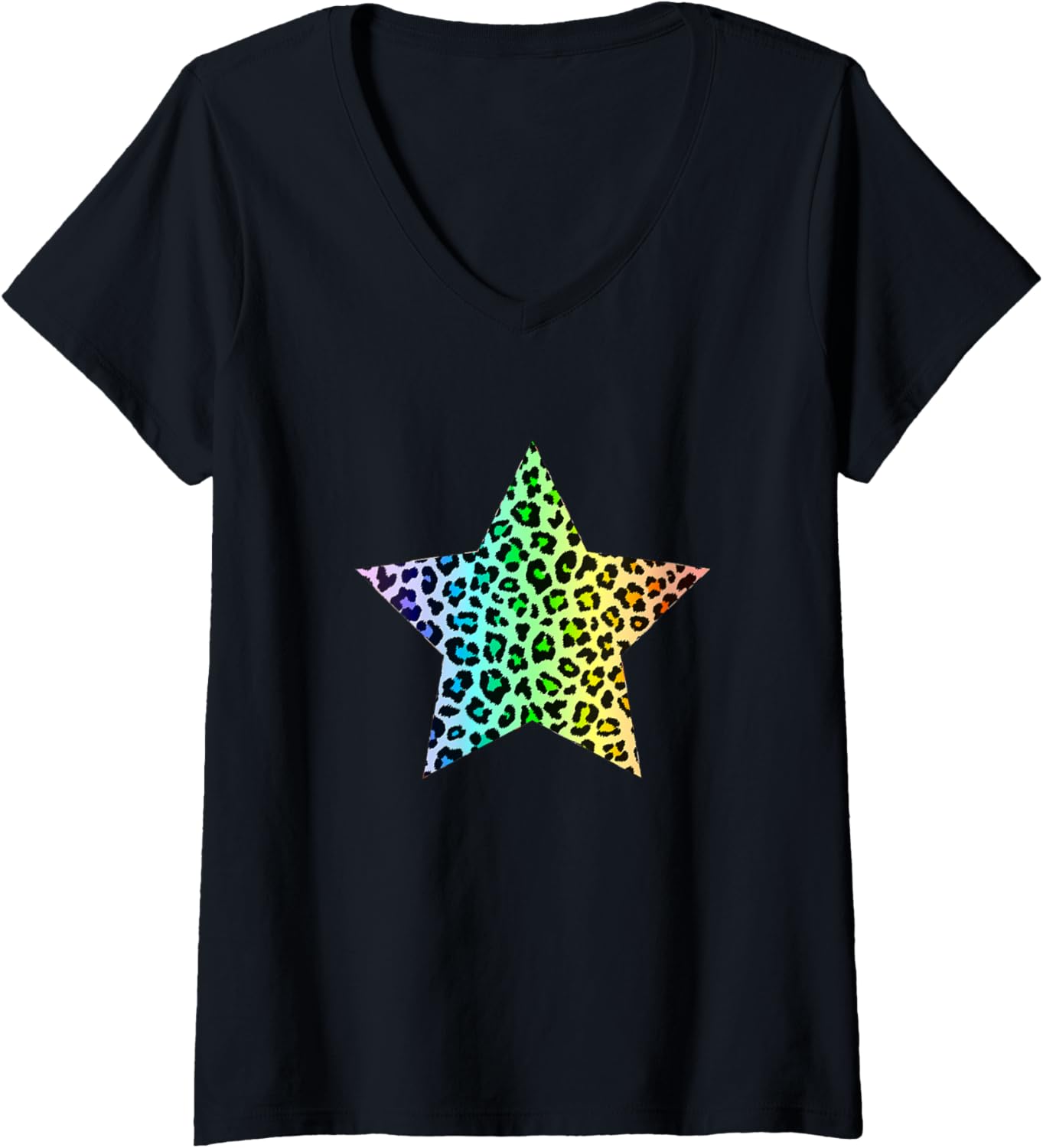 Womens Star Shape Cute Rainbow Cheetah Leopard Print Graphic V Neck Apparel Trending US Everyday Wear