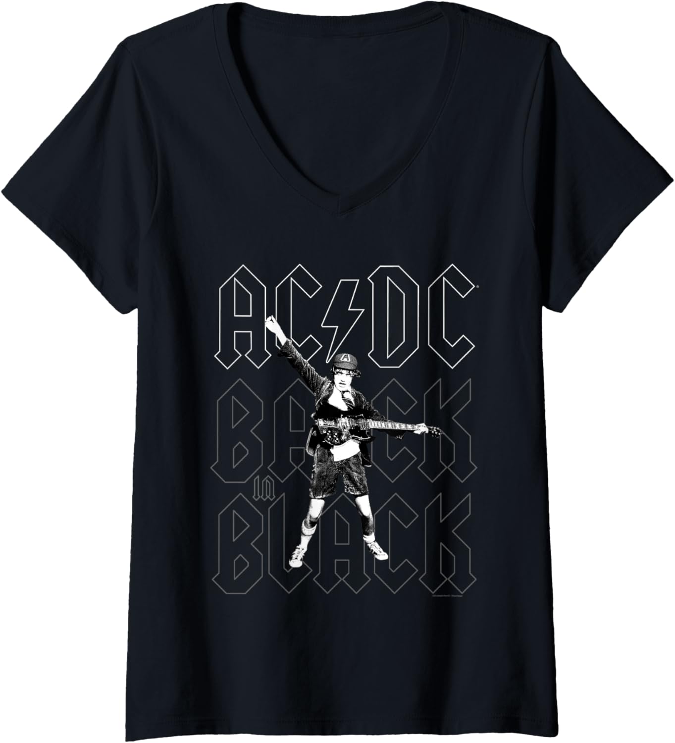 Womens AC DC Back in Black Angus Young Photo by Michael Putland V-Neck Apparel | Perfect Gift Idea