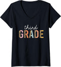Womens Leopard 3rd Grade Teacher Cute Third Grade Back to School V Neck Apparel High Search Demand Gift Ready