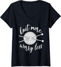 Womens Knit More Worry Less Yarn Tee Shirt Women Crochet Lover Gift V-Neck T-Shirt | Top Rated | High CTR Title