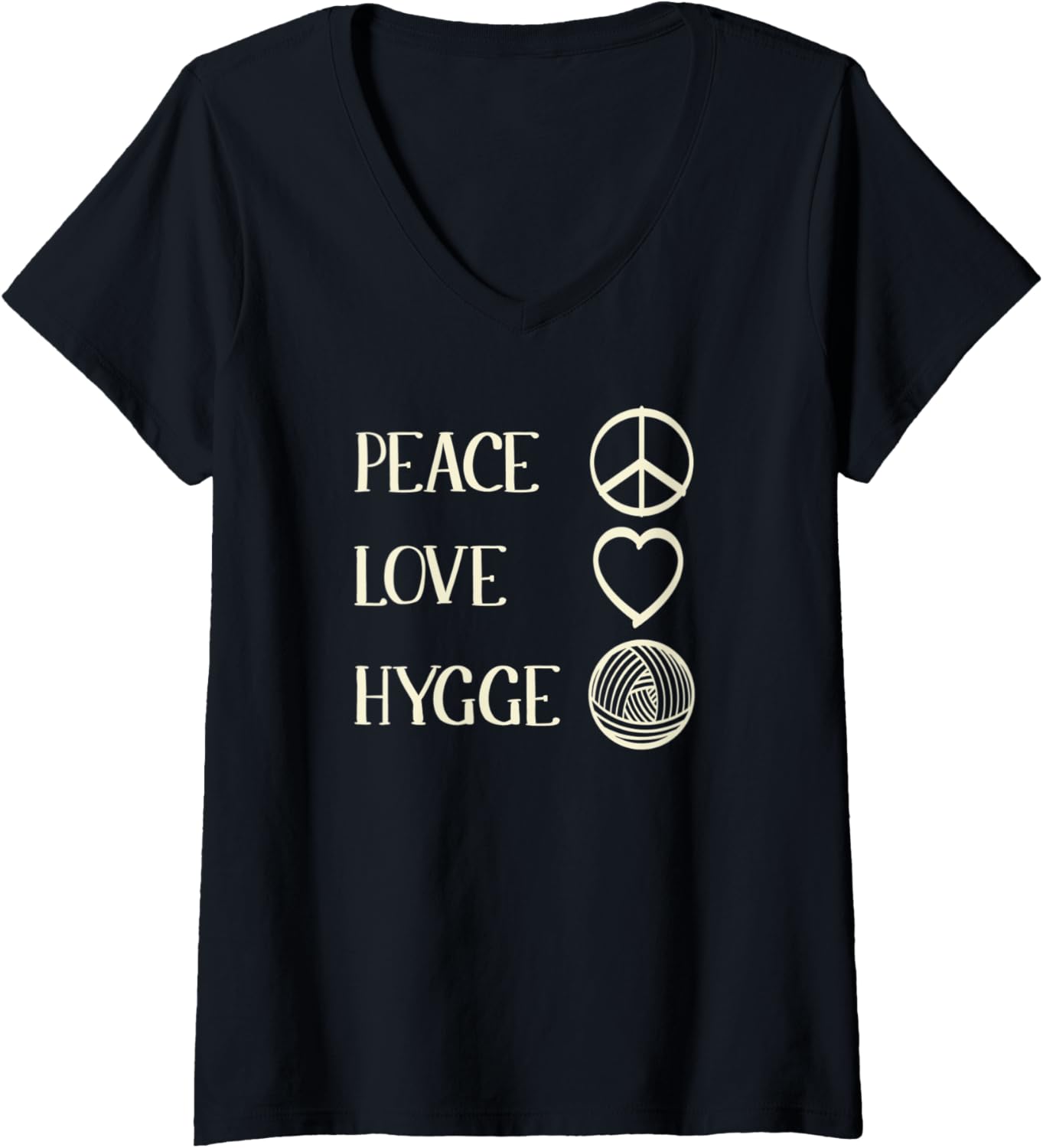 Womens Peace Love Hygge Warm and Cozy Heart and Ball of Yarn V-Neck Yarn Supply | Viral US Pick | Customer Favorite