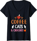 Womens Funny Coffee Cats & Crochet Design For Cat Yarn Knitting V-Neck Yarn Supply | Viral US Pick | Best Seller Choice