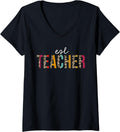 Womens Esl Teacher Leopard Print Funny Teaching Appreciation V Neck Apparel Streetwear Style US Top Pick