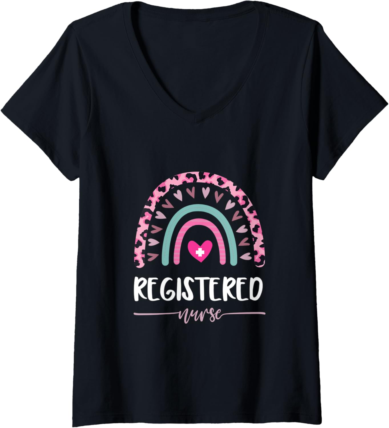 Womens Registered Nurse Leopard Rainbow Heart Cheetah Print V Neck Apparel High Search Demand Fan Favorite