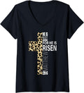 Womens He Is Risen Jesus Easter Bible Verse Christian Cheetah Print V Neck Apparel Premium Print Gift Ready