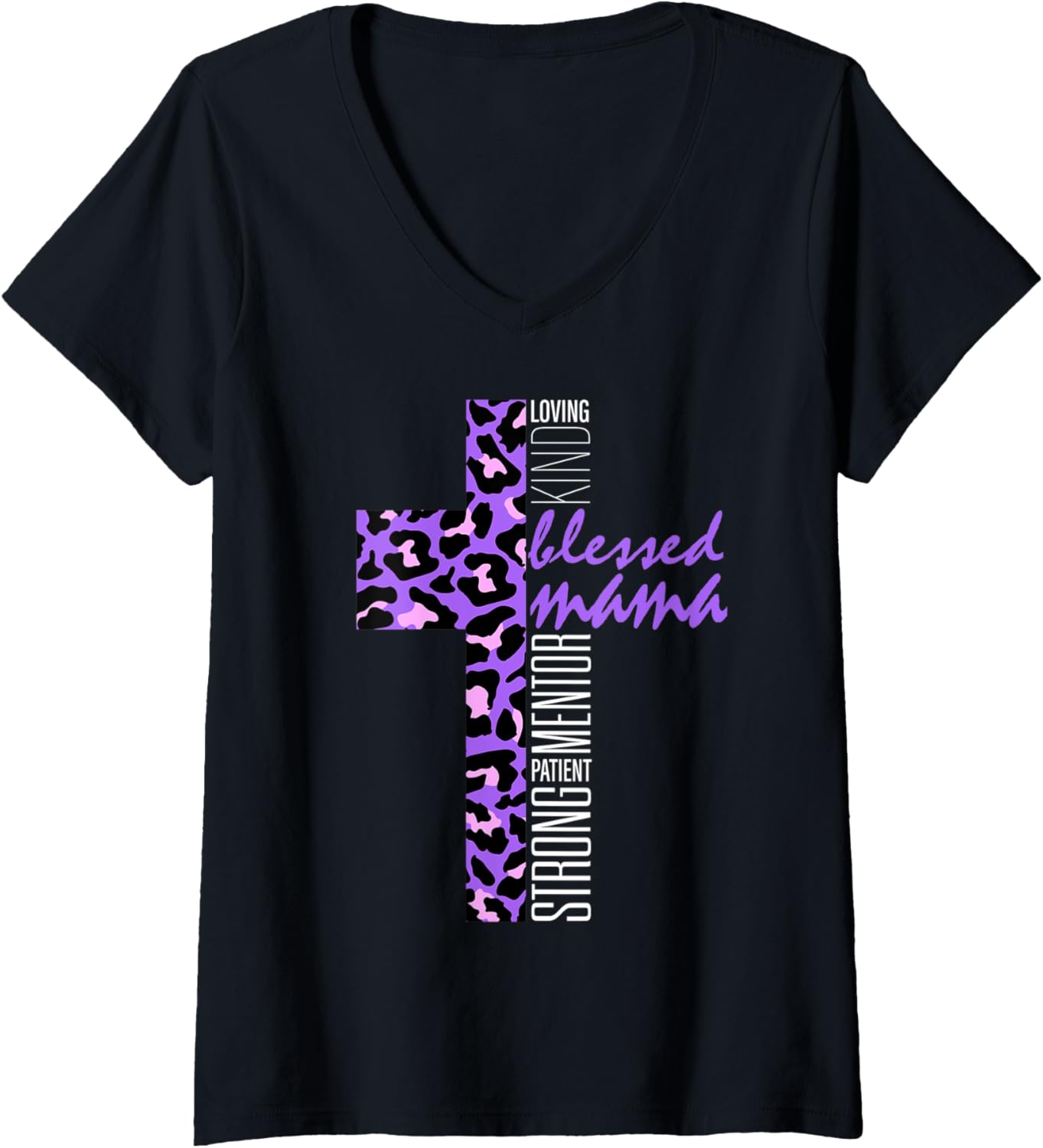 Womens Purple Blessed Mama Cheetah Print Christian Mom Mothers Day V Neck Apparel Streetwear Style US Top Pick