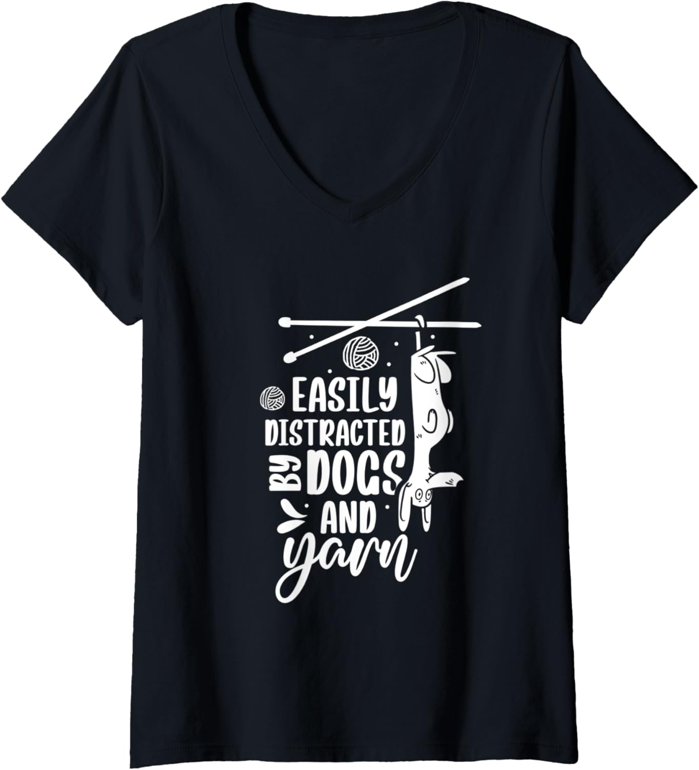 Womens Easily Distracted By Dogs And Yarn Knitter Knitting Knit V-Neck Yarn Supply | Top Rated | Best Seller Choice