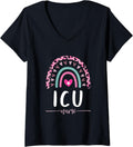 Womens ICU Nurse Leopard Rainbow Heart Cheetah Print V Neck Apparel Viral TikTok Find Gift Ready