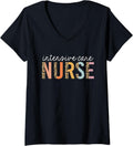 Womens Intensive Care Nurse Leopard Print ICU Nursing School Women V Neck Apparel Premium Print Gift Ready