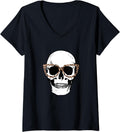 Womens Skull Shirt with Cheetah Print Glasses Halloween Skull V Neck T Shirt Comfort Fit Hot Right Now