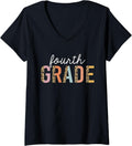 Womens Leopard 4th Grade Teacher Cute Fourth Grade Back to School V Neck Apparel High Search Demand Fan Favorite