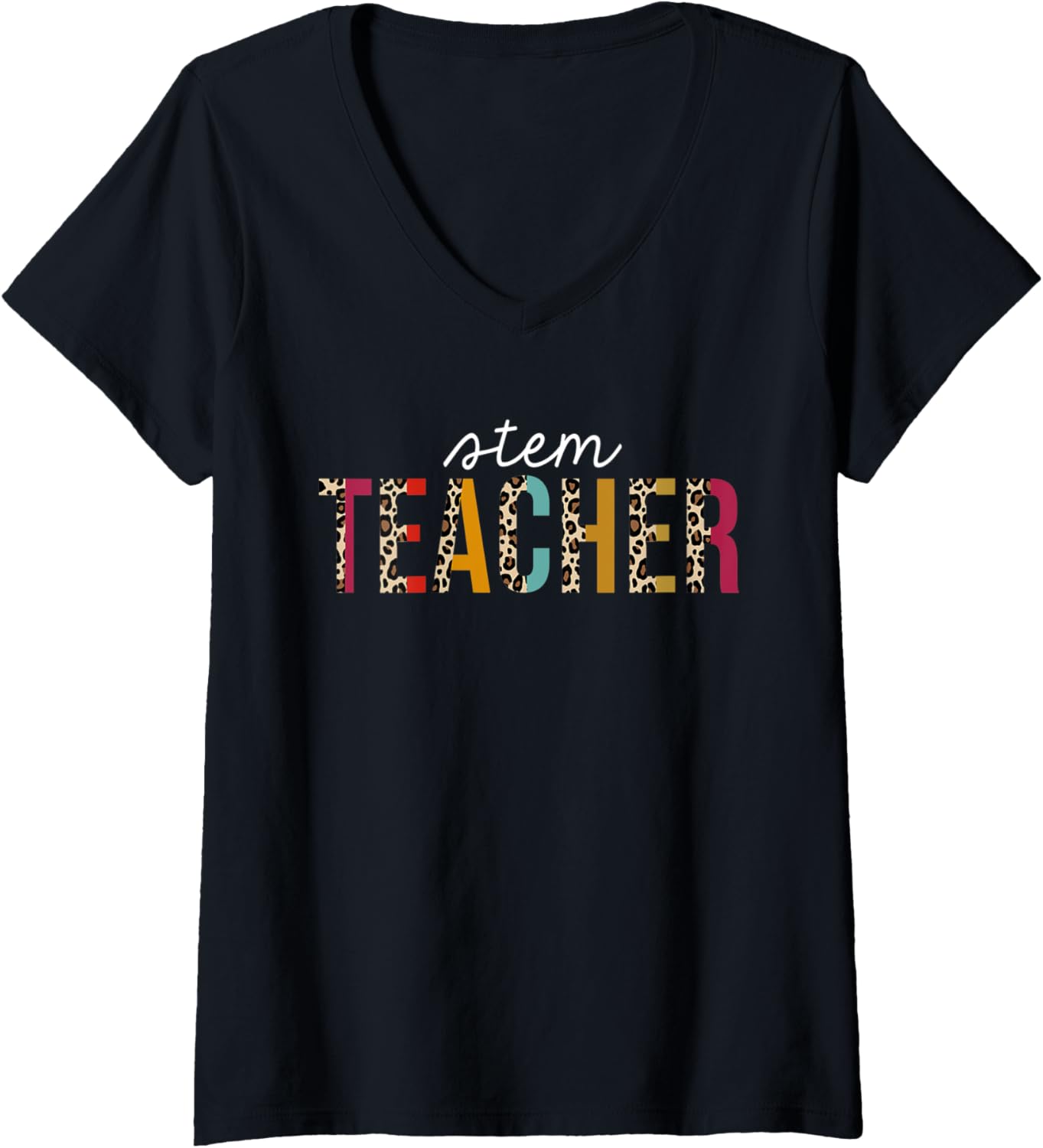 Womens Stem Teacher Leopard Print Funny Teaching Appreciation V Neck Apparel Comfort Fit Gift Ready