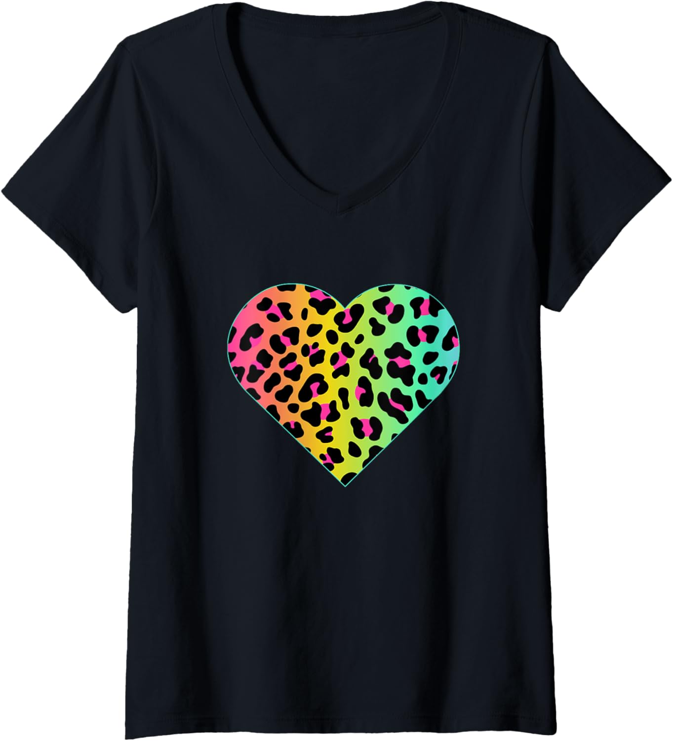 Womens Heart Rainbow Cheetah Leopard Print Graphic V Neck Apparel Trending US Gift Ready