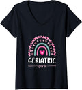 Womens Geriatric Nurse Leopard Rainbow Heart Cheetah Print V Neck Apparel Viral TikTok Find Gift Ready