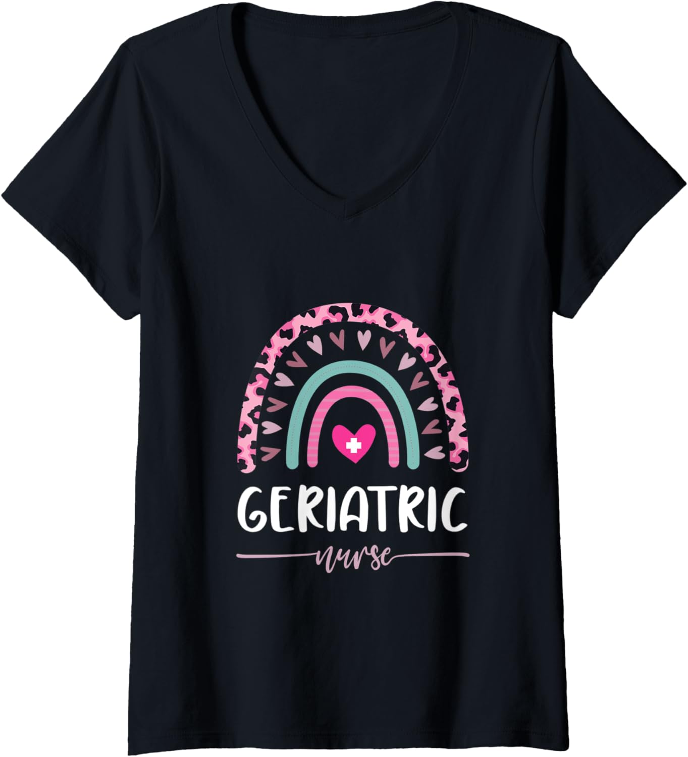 Womens Geriatric Nurse Leopard Rainbow Heart Cheetah Print V Neck Apparel Viral TikTok Find Gift Ready