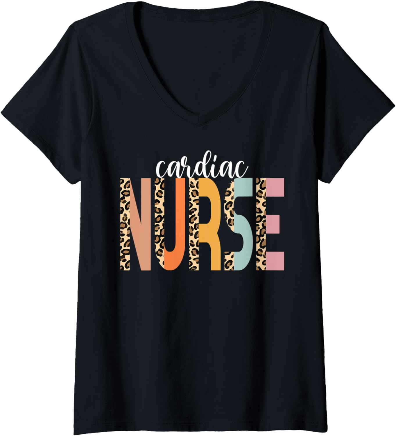 Womens Nurse Cardiac Nurse Cheetah Print RN Cute Cardiac Nurse V Neck Apparel Comfort Fit US Top Pick