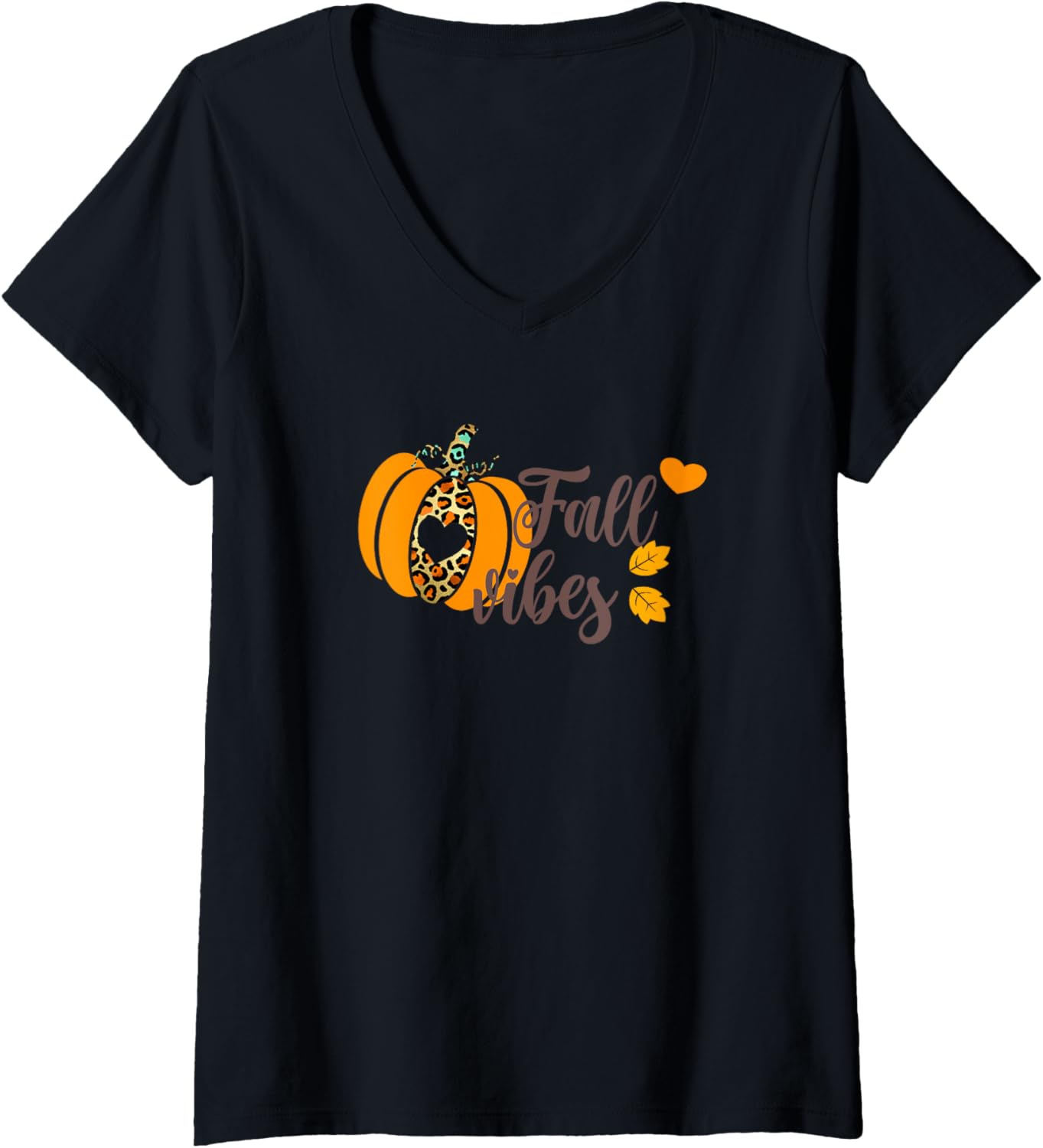 Womens Fall Vibes Pumpkin Cheetah Leopard Print Thanksgiving V Neck Apparel Viral TikTok Find Gift Ready