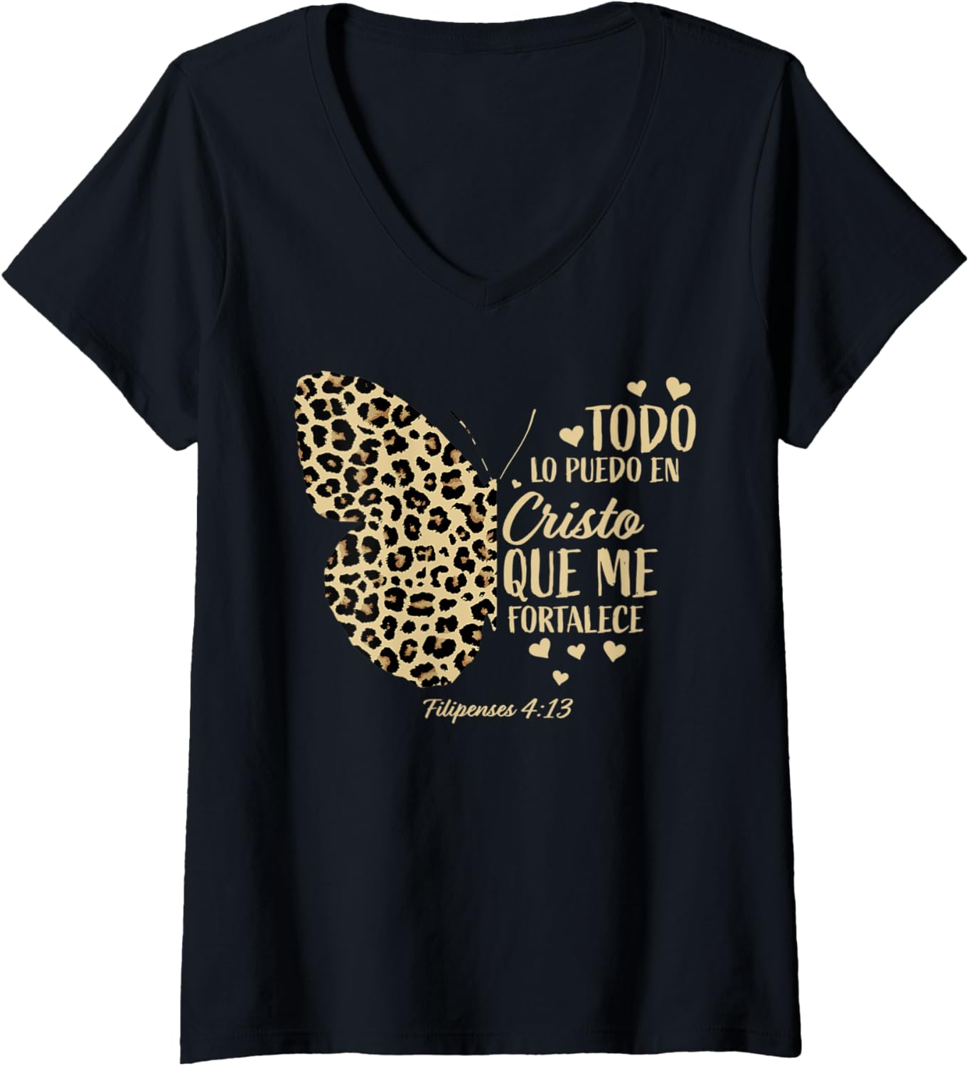 Womens Christian Spanish Bible Verse Cheetah Print Butterfly Lovers V Neck Apparel Streetwear Style Hot Right Now