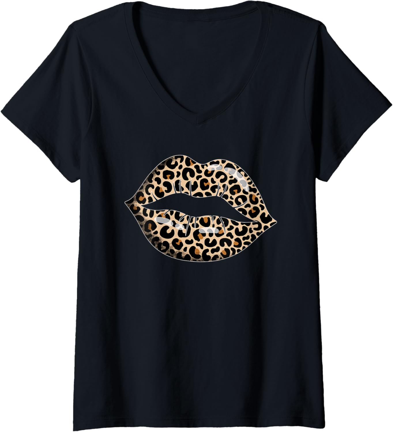 Womens Cute Leopard Print Lips Animal Cheetah Pattern Kiss Lips V Neck Apparel Streetwear Style Everyday Wear