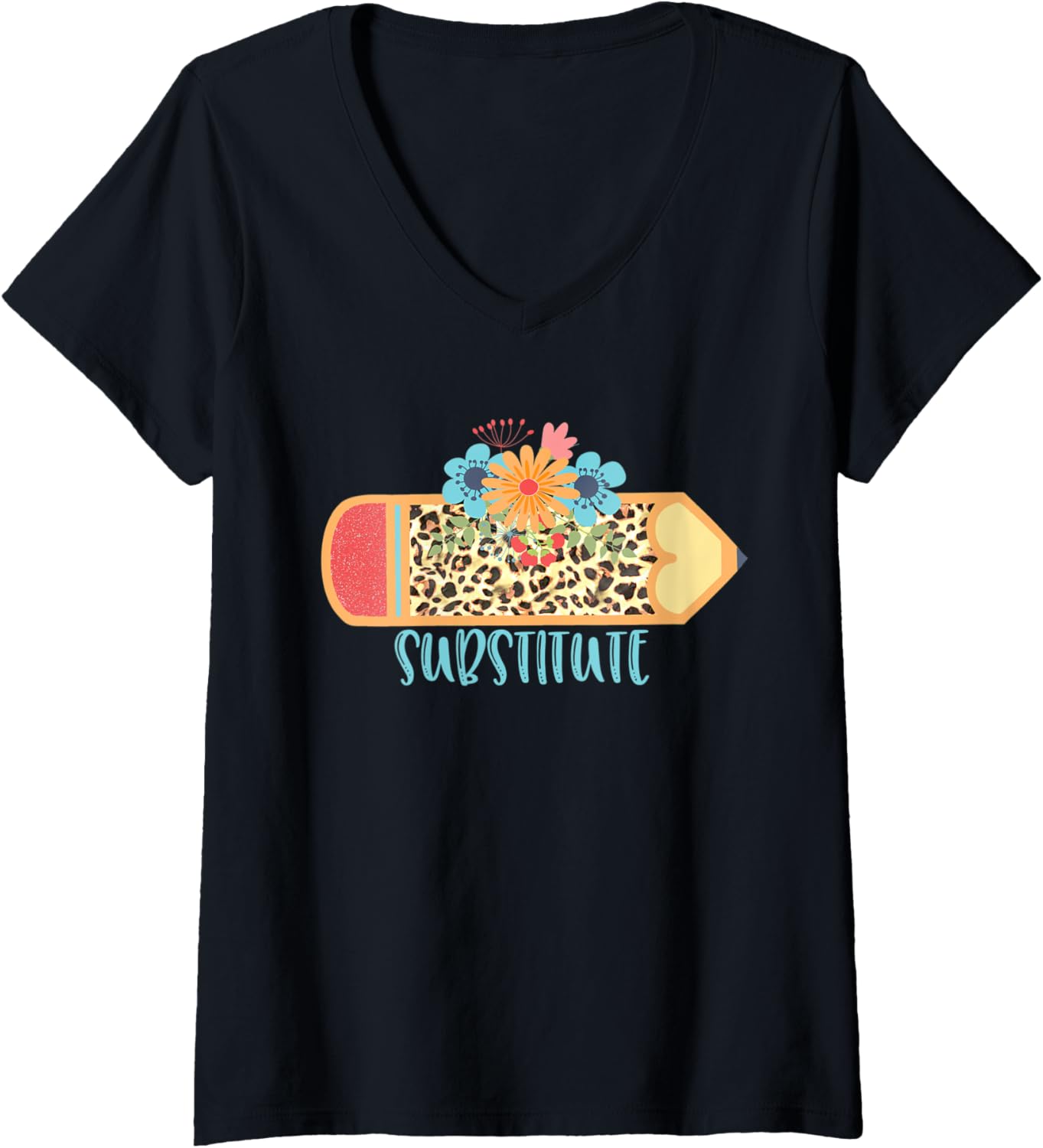 Womens SUBSTITUTE TEACHER Pencil Leopard Cheetah Print Teacher V Neck Apparel Trending US Fan Favorite
