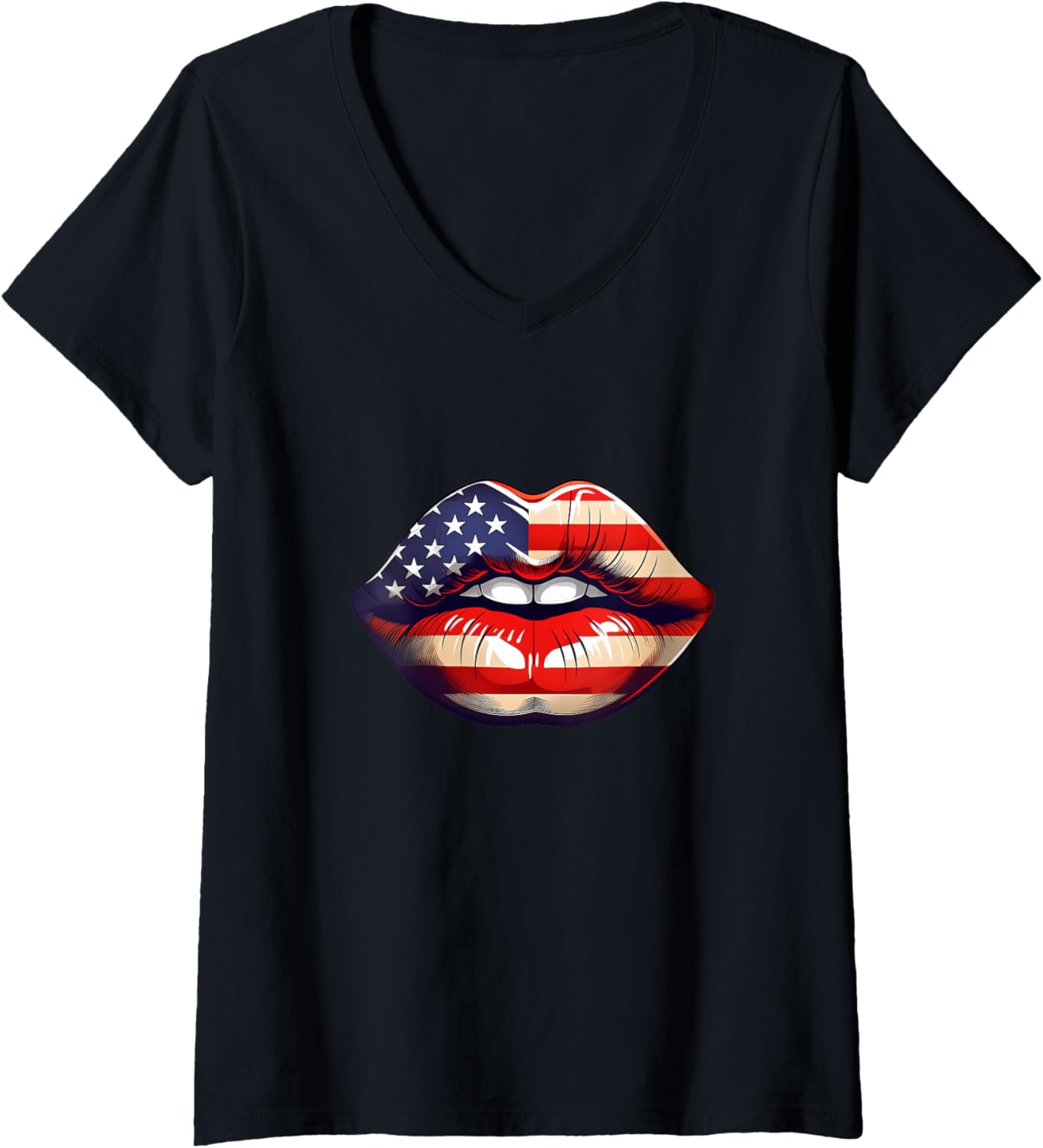 Womens Usa Flag Kiss Me I m American Lips Print V Neck Apparel Trending US Fan Favorite