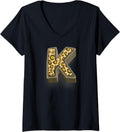 Womens Cute Letter K Initial Name Leopard Cheetah Animal Print V Neck Apparel Streetwear Style US Top Pick