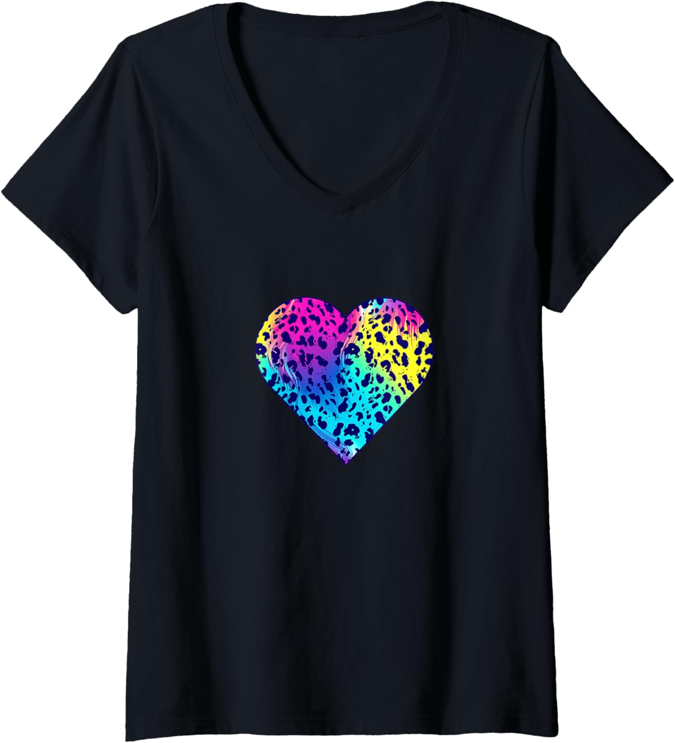 Womens Heart Rainbow Cheetah Leopard Print Nature Lover Graphic V Neck Apparel High Search Demand Everyday Wear